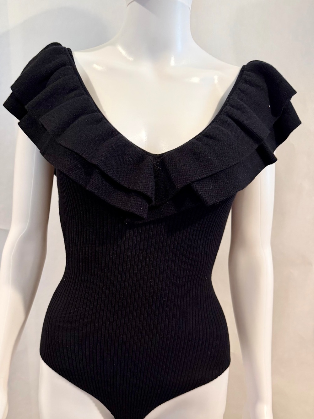 Sezane Black Ruffle V-Neck Ribbed Bodysuit